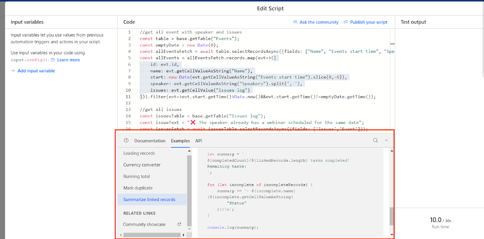 Скріншот редактора скриптів у веб-додатку Airtable з панелями "Input variables", "Code" та "Test output". У розділі коду виділено JavaScript-код, що здійснює вибірку записів з таблиці подій і таблиці логування проблем. В коді присутні коментарі про збір подій із спікерами та проблемами, а також строка з текстом помилки "Спікер уже має запланований вебінар на ту саму дату". Поруч з кодом знаходиться вікно документації