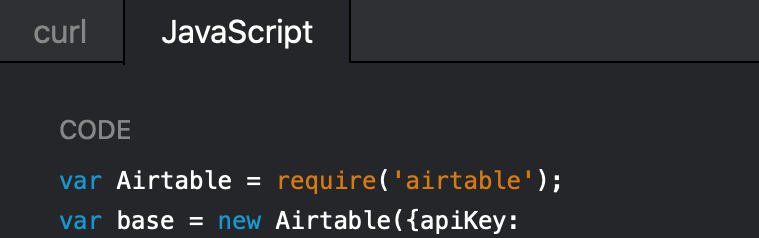Скріншот фрагменту коду на JavaScript, де показано ініціалізацію модуля Airtable. В коді використовується вимагання модуля 'airtable' за допомогою функції require, а потім створюється новий екземпляр Airtable з використанням API ключа.