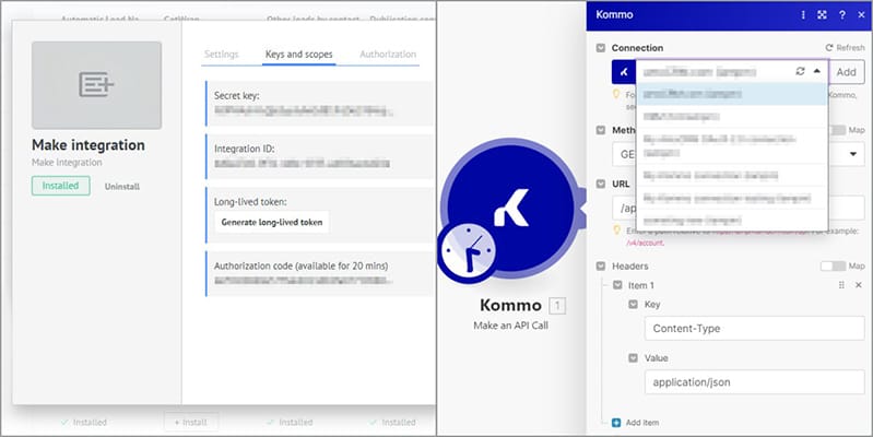 Знімок екрану зображує інтерфейси в програмному забезпеченні Make Automation та Kommo CRM та процес інтеграції OAuth 2.0 